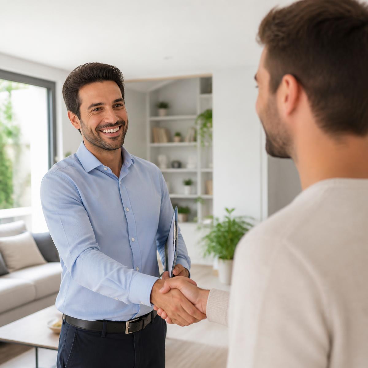 Agente commerciale sorridente stringe la mano a un cliente nel salotto di casa