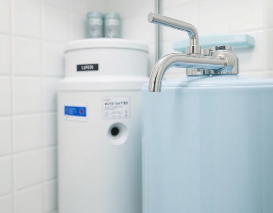 Addolcitore d'acqua installato in un locale tecnico pulito accanto a un rubinetto in acciaio
