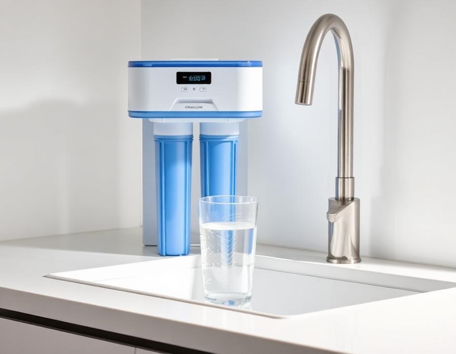 Depuratore a osmosi inversa installato sotto il lavello con un bicchiere d'acqua limpida