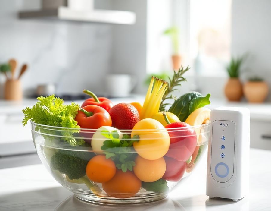 Frutta e verdura in una bacinella d'acqua con dispositivo per la sanificazione a ozono